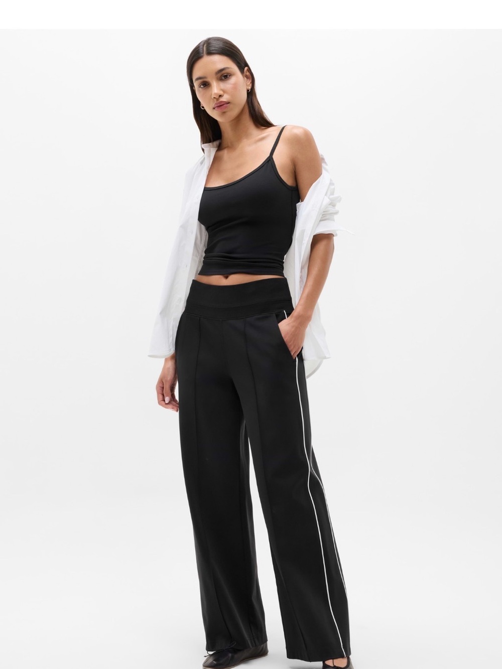 Athleta Black Wide-Leg Track Pants with White Side Stripe